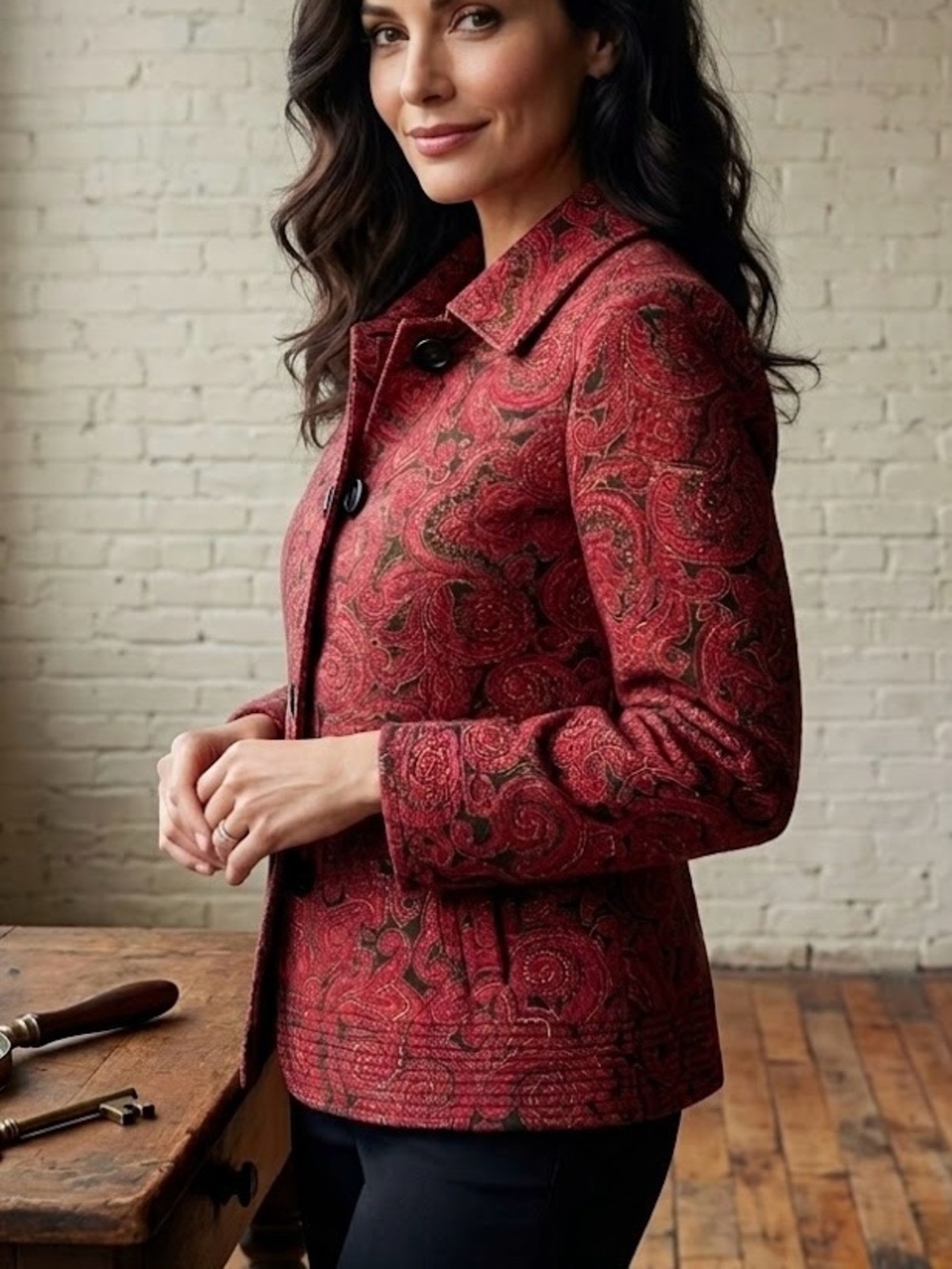 Talbots Red Brown Paisley Stretch Button-Front Blazer Jacket Textured Boho Chic